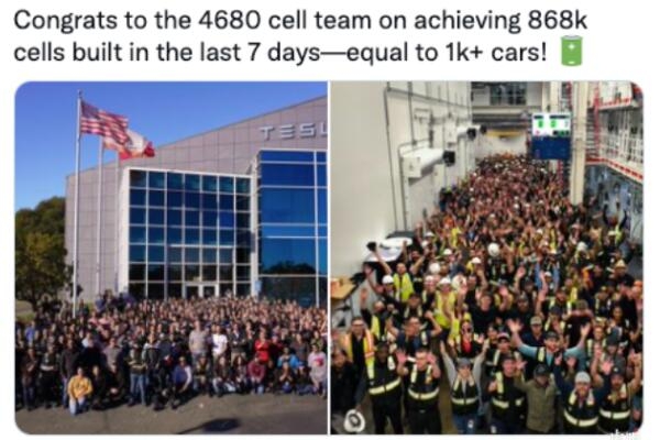 特斯拉4680電池周產(chǎn)能達(dá)86.8萬塊 可裝備1000多輛Model Y