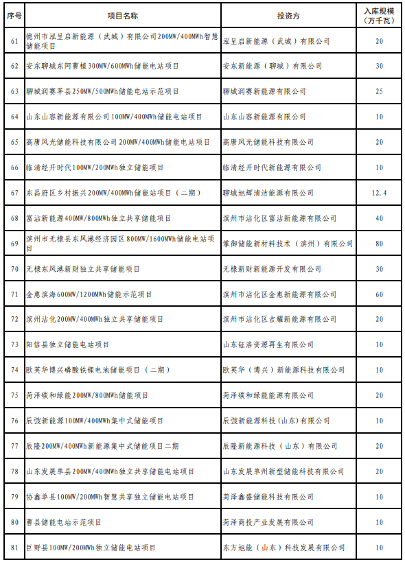 山東2025年度新型儲能入庫項目公示