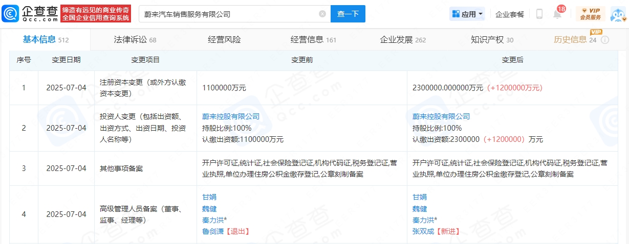 蔚來(lái)汽車(chē)銷(xiāo)售服務(wù)有限公司