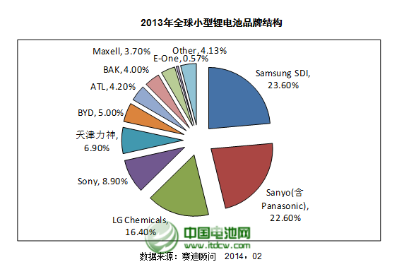 2013年全球小型鋰電池品牌結構