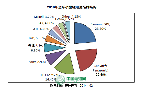 2013年全球小型鋰電池品牌結構