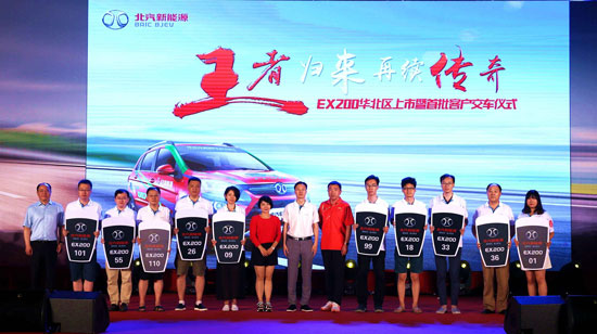 北汽新能源高層、“衛(wèi)藍(lán)大使” 楊凌和莫慧蘭與首批EX200車(chē)主代表合影