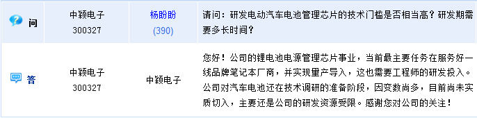 中穎電子:公司研發資源受限 汽車電池目前尚未實質切入 中穎電子:公司研發資源受限 汽車電池目前尚未實質切入