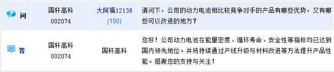 國軒高科：動力電池多項指標(biāo)國內(nèi)領(lǐng)先 將繼續(xù)提升產(chǎn)品性能