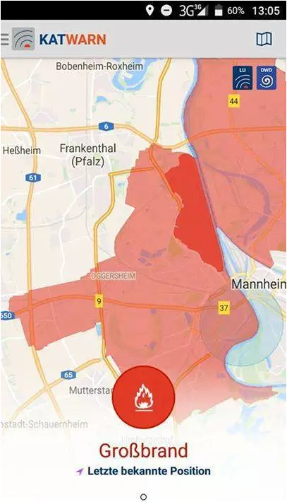 ▲手機(jī)警報(bào)系統(tǒng)Katwarn發(fā)出的警報(bào)