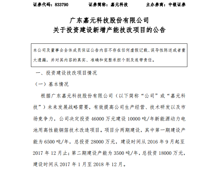 嘉元科技：擬4.6億元投建年產(chǎn)1萬(wàn)噸鋰電銅箔技改項(xiàng)目