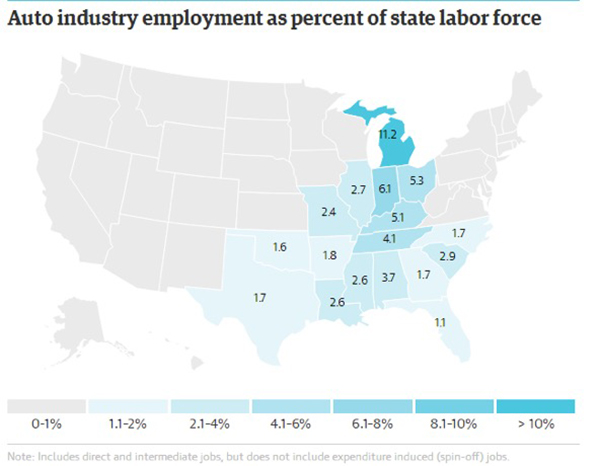 美國汽車制造業分布(籃色愈深表示汽車業勞動力占比愈高)與特朗普選民分布(紅色越深,支持比例越高)比較圖 美國汽車制造業分布(籃色愈深表示汽車業勞動力占比愈高)與特朗普選民分布(紅色越深,支持比例越高)比較圖