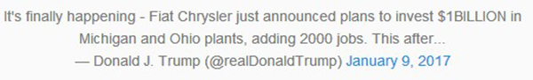 特朗普為克萊斯勒投資10億美元消息發推特 特朗普為克萊斯勒投資10億美元消息發推特