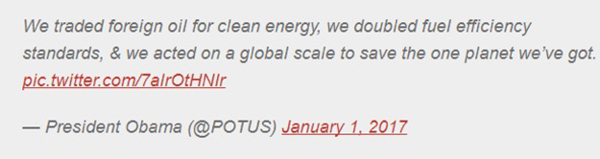 奧巴馬離職前最后一個(gè)元旦發(fā)推特，為任內(nèi)燃油經(jīng)濟(jì)性標(biāo)準(zhǔn)翻倍擺功