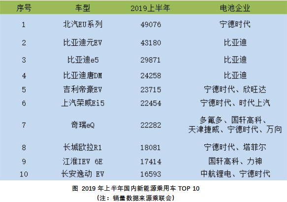 圖 2019年上半年國內新能源乘用車TOP 10