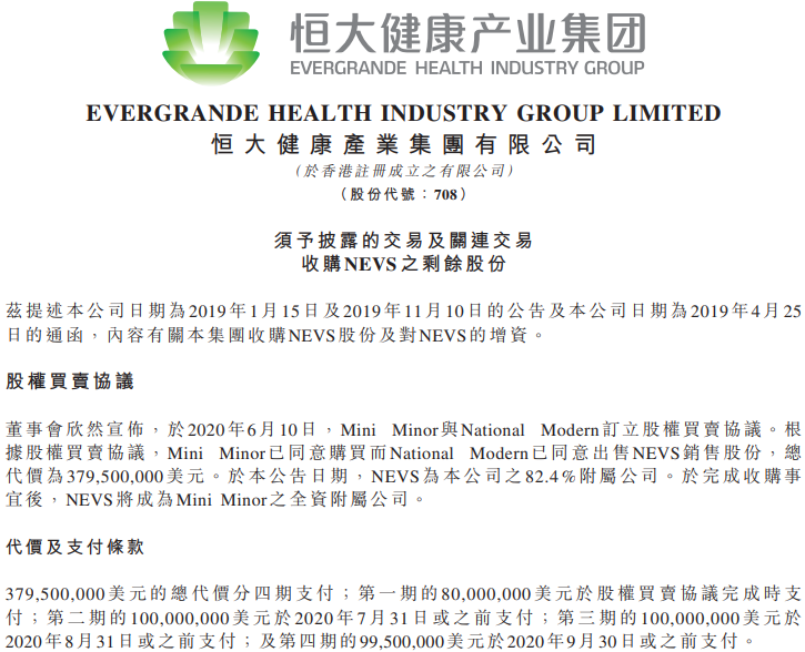 恒大健康擬3.79億美元收購NEVS剩余17.6%股權(quán)