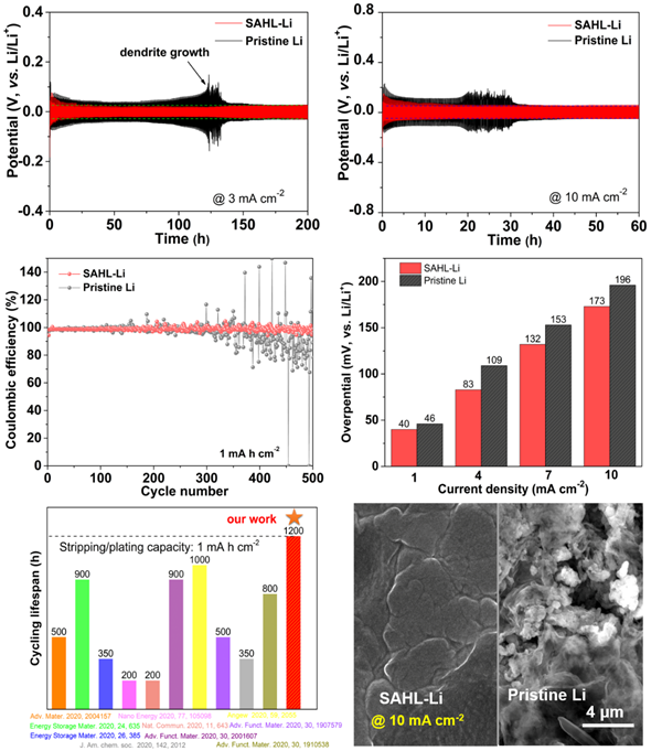 圖3.有序雙層SAHL SEI層修飾鋰金屬電極的電化學(xué)穩(wěn)定性