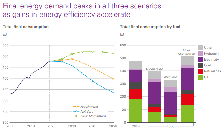 化石能源的重要性逐步下降，可再生能源占比增加以及終端能源電氣化程度提高